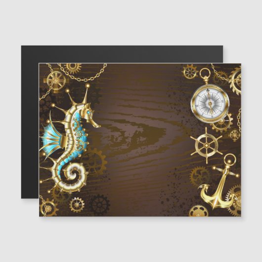 Achtergrond van hout met mechanische zeepaardjes magnetische uitnodiging (Voorkant / Achterkant)