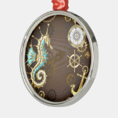 Achtergrond van hout met mechanische zeepaardjes metalen ornament (Links)