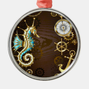 Achtergrond van hout met mechanische zeepaardjes metalen ornament