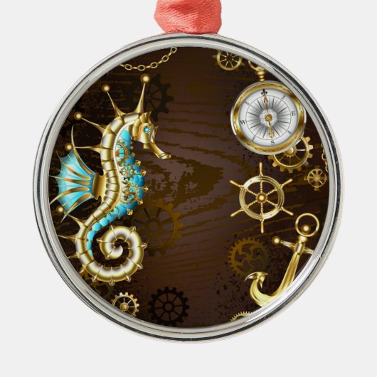 Achtergrond van hout met mechanische zeepaardjes metalen ornament (Voorkant)