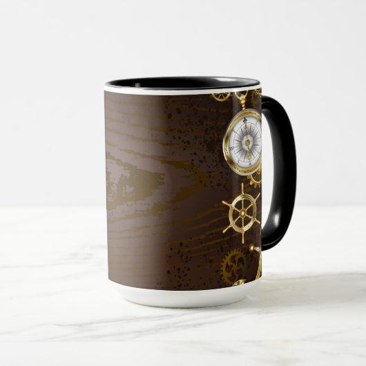 Achtergrond van hout met mechanische zeepaardjes mok (Voorkant rechts)