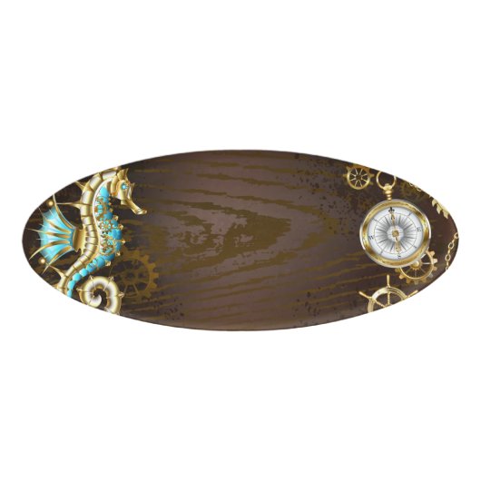 Achtergrond van hout met mechanische zeepaardjes naambadge (Voorkant)