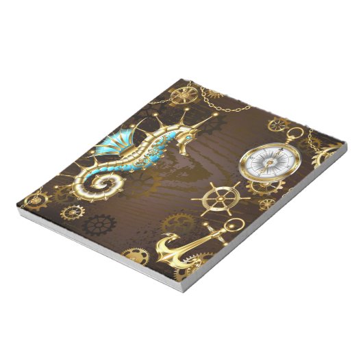 Achtergrond van hout met mechanische zeepaardjes notitieblok (Linkerzijde)