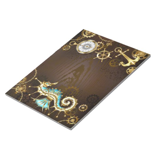 Achtergrond van hout met mechanische zeepaardjes notitieblok (Schuin)