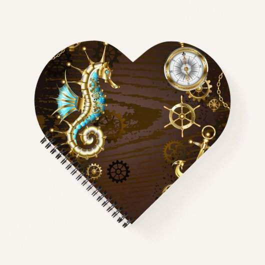 Achtergrond van hout met mechanische zeepaardjes notitieboek (Voorkant)