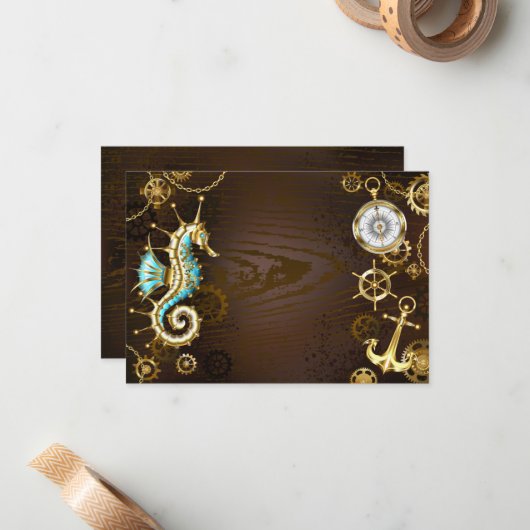 Achtergrond van hout met mechanische zeepaardjes notitiekaartje (Voorkant / Achterkant in situ)