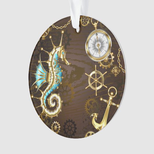 Achtergrond van hout met mechanische zeepaardjes ornament (voorkant)