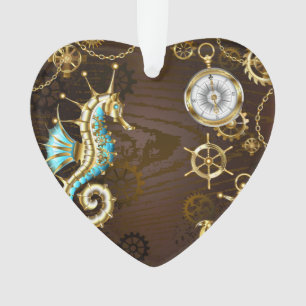 Achtergrond van hout met mechanische zeepaardjes ornament