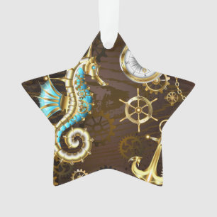 Achtergrond van hout met mechanische zeepaardjes ornament