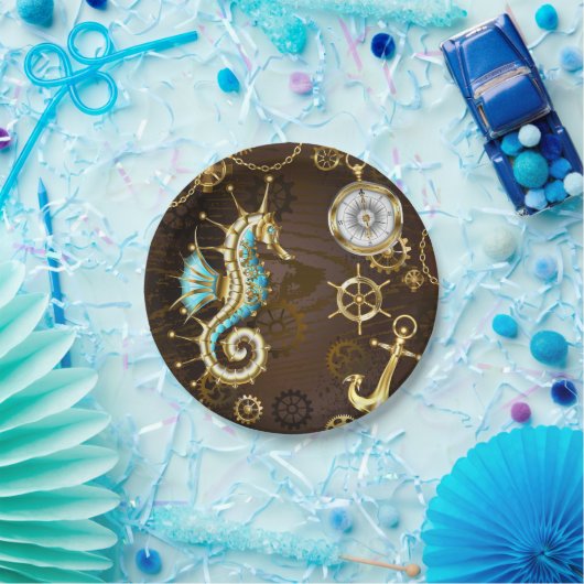 Achtergrond van hout met mechanische zeepaardjes papieren bordje (Feest)