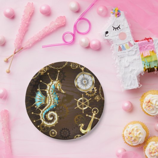 Achtergrond van hout met mechanische zeepaardjes papieren bordje (Feest)