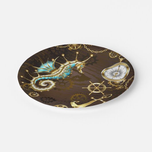 Achtergrond van hout met mechanische zeepaardjes papieren bordje (Gekanteld)