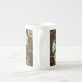 Achtergrond van hout met mechanische zeepaardjes porselein kop (Achterkant)