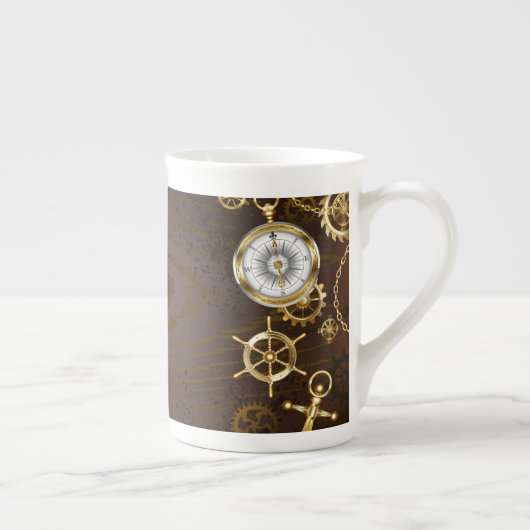 Achtergrond van hout met mechanische zeepaardjes porselein kop (Rechts)