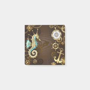 Achtergrond van hout met mechanische zeepaardjes post-it® notes