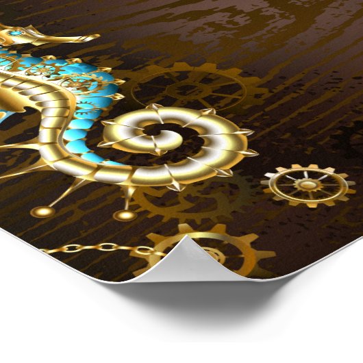 Achtergrond van hout met mechanische zeepaardjes poster (Hoek)