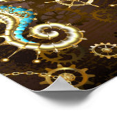 Achtergrond van hout met mechanische zeepaardjes poster (Hoek)