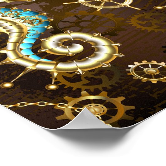 Achtergrond van hout met mechanische zeepaardjes poster (Hoek)