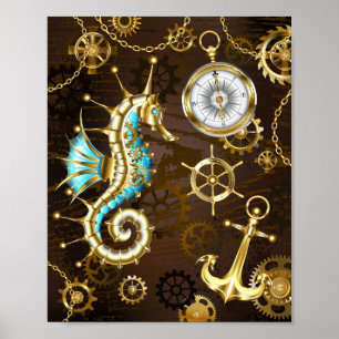 Achtergrond van hout met mechanische zeepaardjes poster
