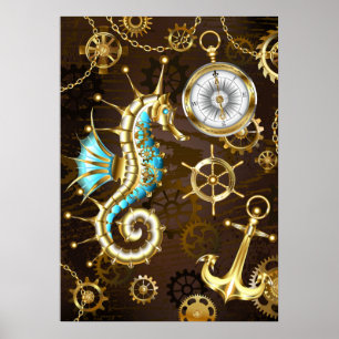 Achtergrond van hout met mechanische zeepaardjes poster