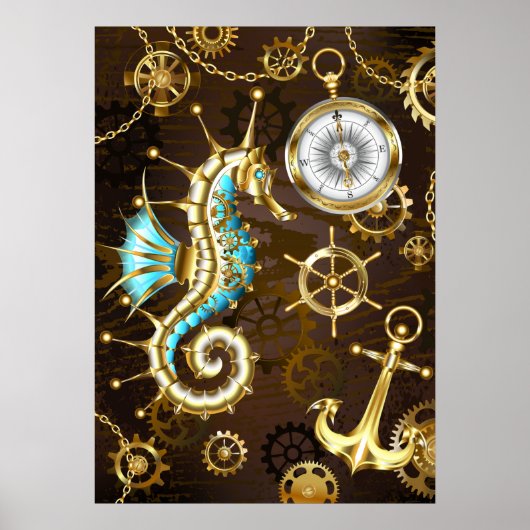 Achtergrond van hout met mechanische zeepaardjes poster (Voorkant)