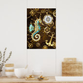 Achtergrond van hout met mechanische zeepaardjes poster (Keuken)