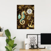 Achtergrond van hout met mechanische zeepaardjes poster (Thuiskantoor)