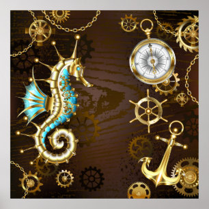 Achtergrond van hout met mechanische zeepaardjes poster