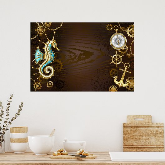 Achtergrond van hout met mechanische zeepaardjes poster (Keuken)