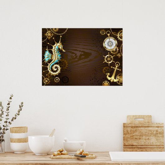 Achtergrond van hout met mechanische zeepaardjes poster (Keuken)