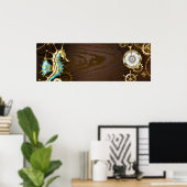 Achtergrond van hout met mechanische zeepaardjes poster (Thuiskantoor)