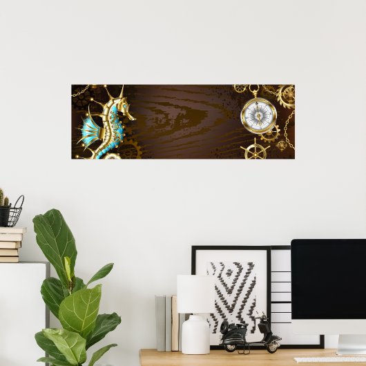 Achtergrond van hout met mechanische zeepaardjes poster (Thuiskantoor)