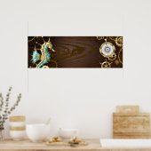 Achtergrond van hout met mechanische zeepaardjes poster (Keuken)