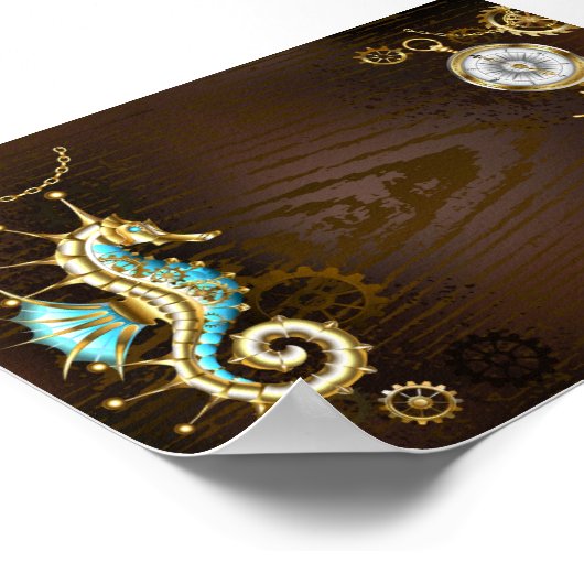 Achtergrond van hout met mechanische zeepaardjes poster (Hoek)