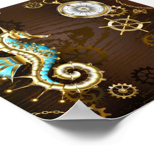 Achtergrond van hout met mechanische zeepaardjes poster (Hoek)