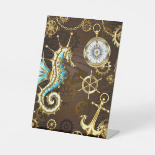 Achtergrond van hout met mechanische zeepaardjes reclamebord met voetstuk