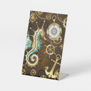 Achtergrond van hout met mechanische zeepaardjes reclamebord met voetstuk