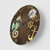 Achtergrond van hout met mechanische zeepaardjes ronde klok (Hoek)