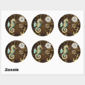 Achtergrond van hout met mechanische zeepaardjes ronde sticker (Vel)