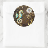 Achtergrond van hout met mechanische zeepaardjes ronde sticker (Tas)