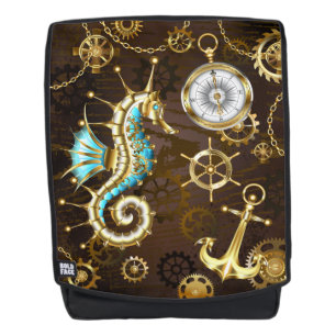 Achtergrond van hout met mechanische zeepaardjes rugtassen