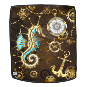 Achtergrond van hout met mechanische zeepaardjes rugtassen