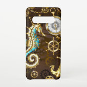 Achtergrond van hout met mechanische zeepaardjes samsung galaxy hoesje (Achterkant)