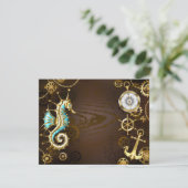 Achtergrond van hout met mechanische zeepaardjes save the date (Staand voorkant)