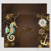 Achtergrond van hout met mechanische zeepaardjes save the date (Voorkant / Achterkant)