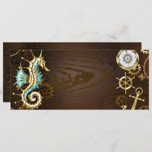 Achtergrond van hout met mechanische zeepaardjes save the date (Voorkant / Achterkant)