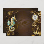 Achtergrond van hout met mechanische zeepaardjes save the date (Voorkant / Achterkant)