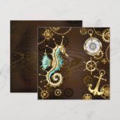 Achtergrond van hout met mechanische zeepaardjes save the date (Voorkant / Achterkant)