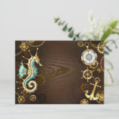 Achtergrond van hout met mechanische zeepaardjes save the date (Staand voorkant)