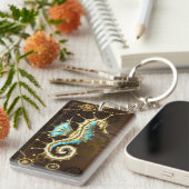 Achtergrond van hout met mechanische zeepaardjes sleutelhanger (Voorkant Rechts)